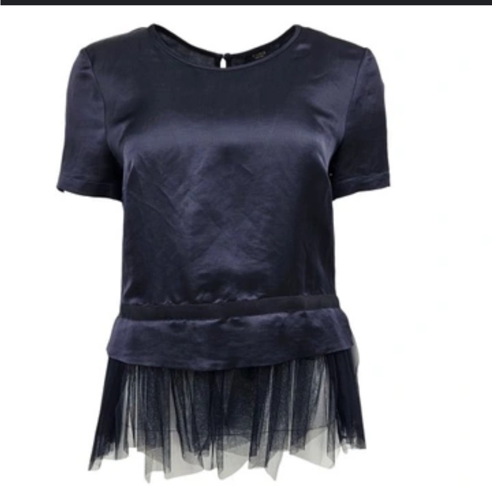 ❤️ PESERICO SILKY NAVY BLUE TULLE RUFFLE SHORT SLEEVE TOP MADE IN ITALY 40 S/M